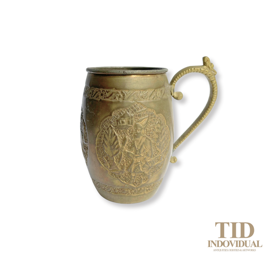 Vintage Antique pair of Nader Factory Tehran engraved copper and brass mugs or tankards with ornate handles