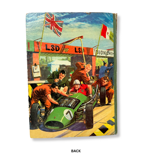 Back cover of Tiger Annual 1958 showing vintage green racing cars on a track.