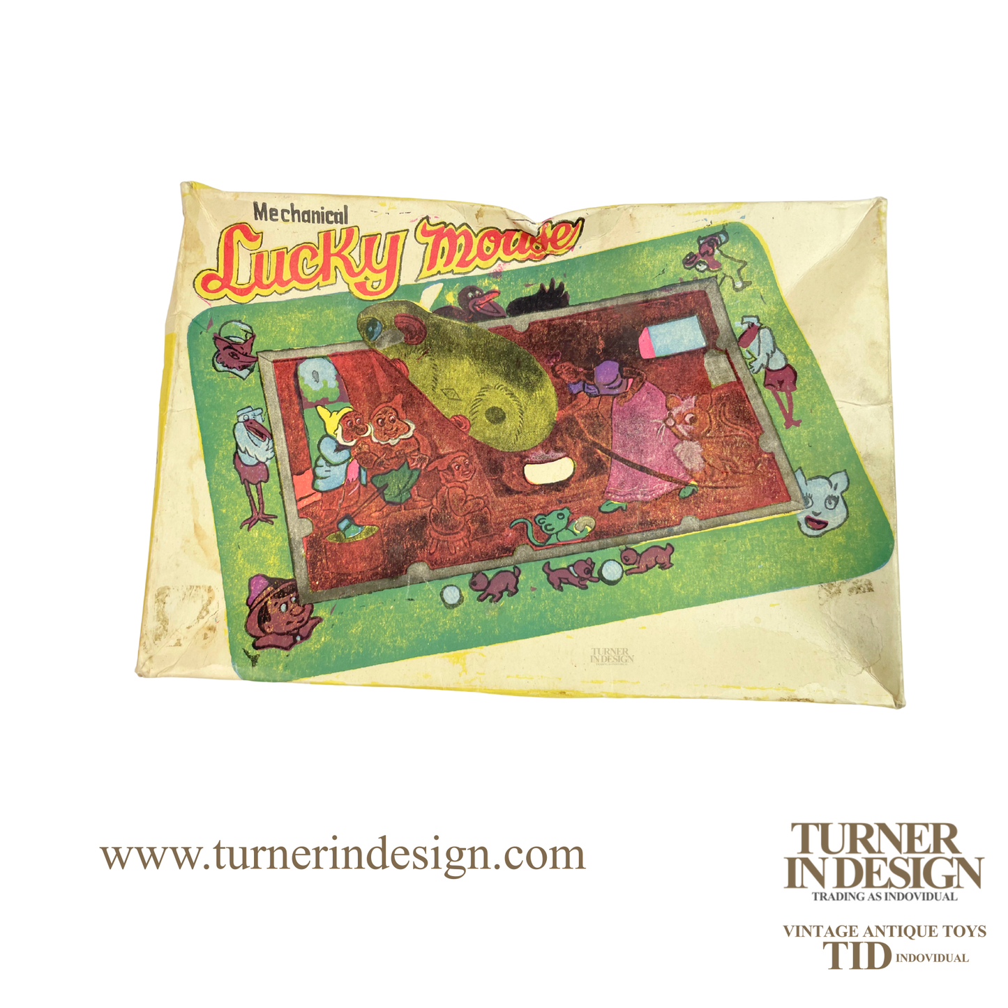 VINTAGE MECHANICAL WIND-UP TIN LITHO TOY "LUCKY MOUSE" FEATURING CLASSIC CLOCKWORK DESIGN