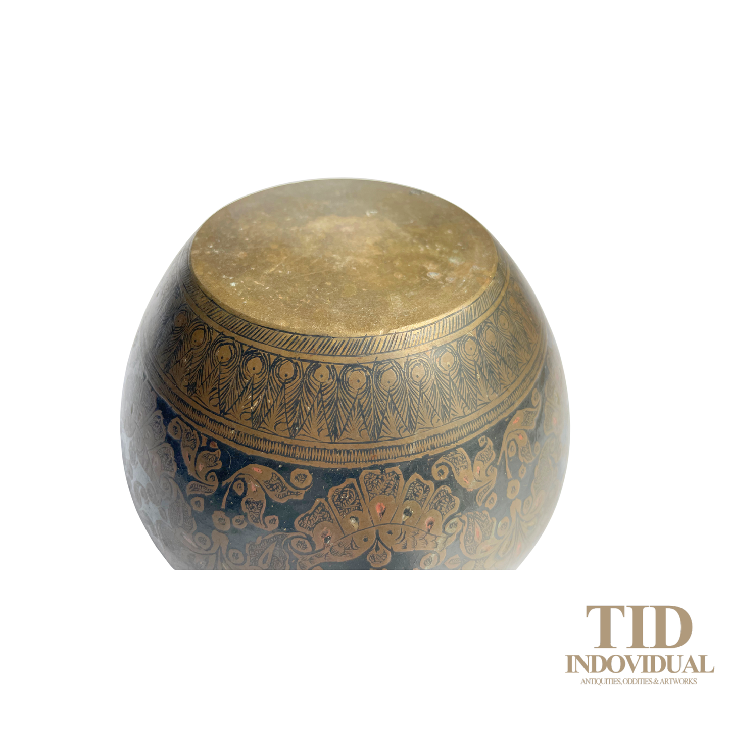 Rare Antique Niello Work Brass Planter with Red Enamel Highlights