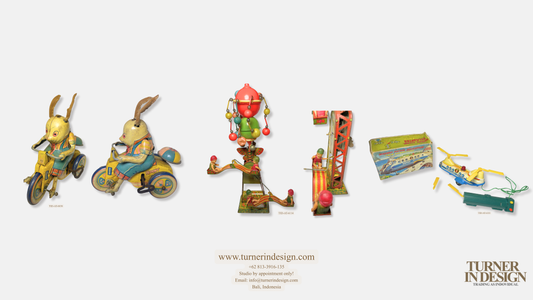 Vintage Japanese celluloid tin toy. vintage 1950s Japanese tin litho wind-up toy featuring a colorful rabbit riding a tricycle. mid-century Japanese mechanical toy by Hasegawa Yasuo. 1960s-era "Highway Patrol" toy helicopter by Takatoku Toys.