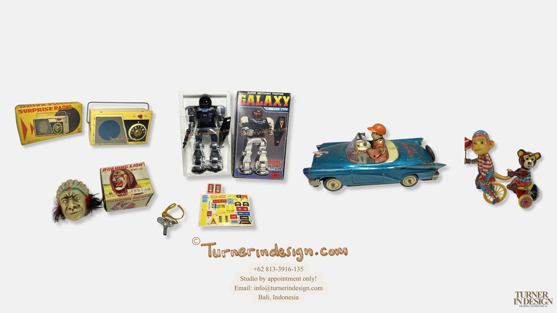 A curated collection of rare Japanese vintage toys ranging from 1950s tinplate wind-ups to a 1984 boxed Horikawa Galaxy Fighter robot.