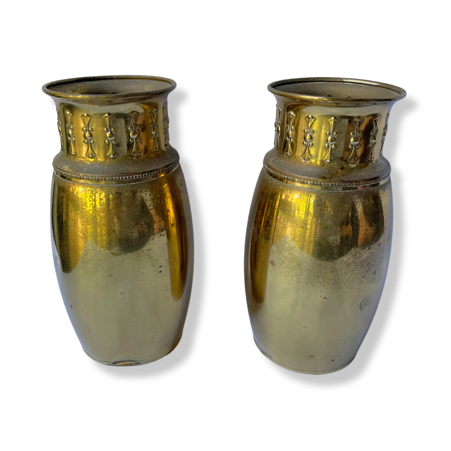 ANQTIUE ART NOUVEAU PAIR DUTCH BRASS VASES FROM HOLLAND BY KMD ROYAL AND DAALDEROP
