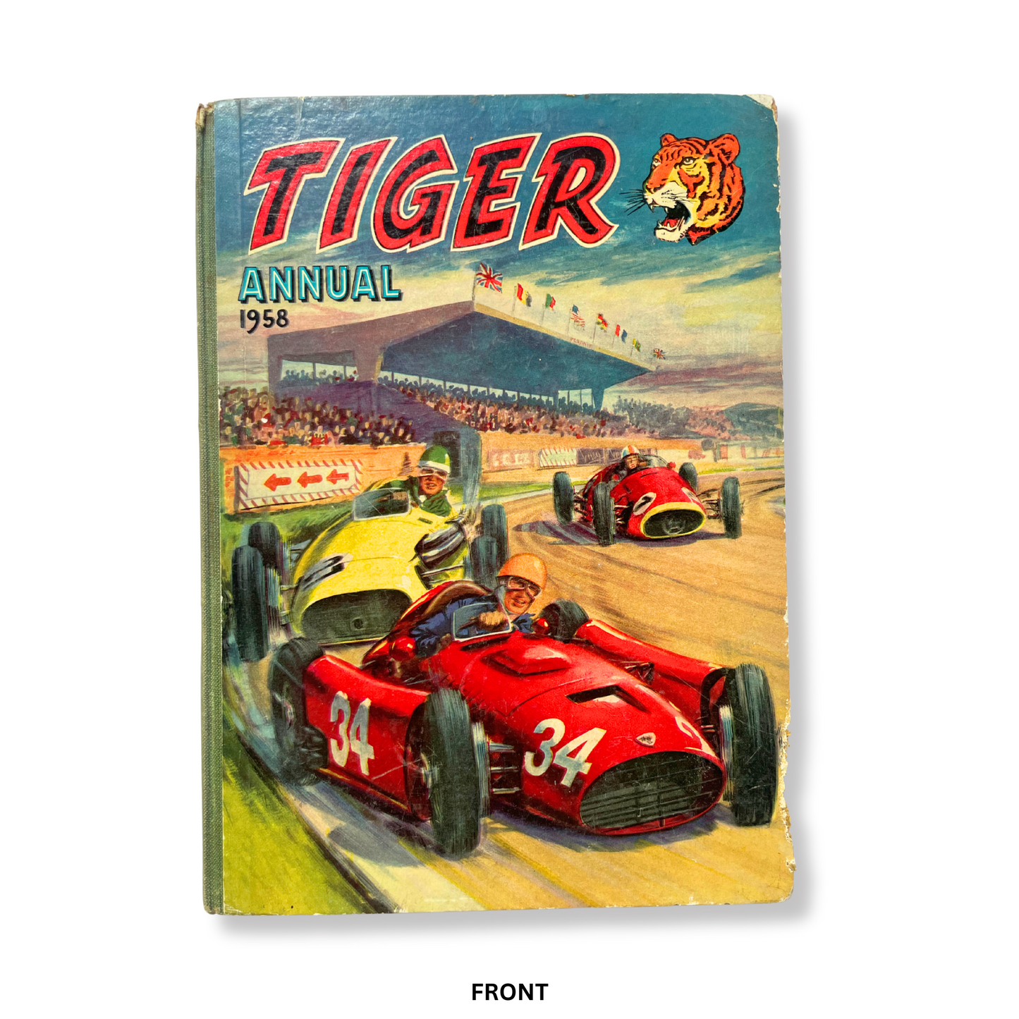 Front cover of Tiger Annual 1958 showing vintage red and yellow racing cars on a track.
