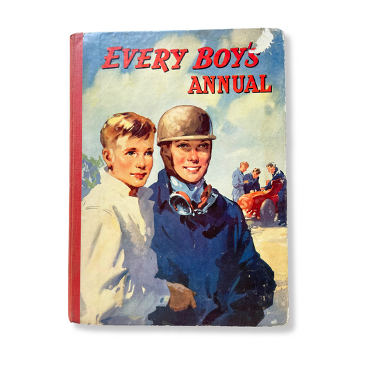 Front cover of vintage 1950s Every Boy’s Annual featuring a racing driver in leather helmet and goggles with a young boy and a red racing car.