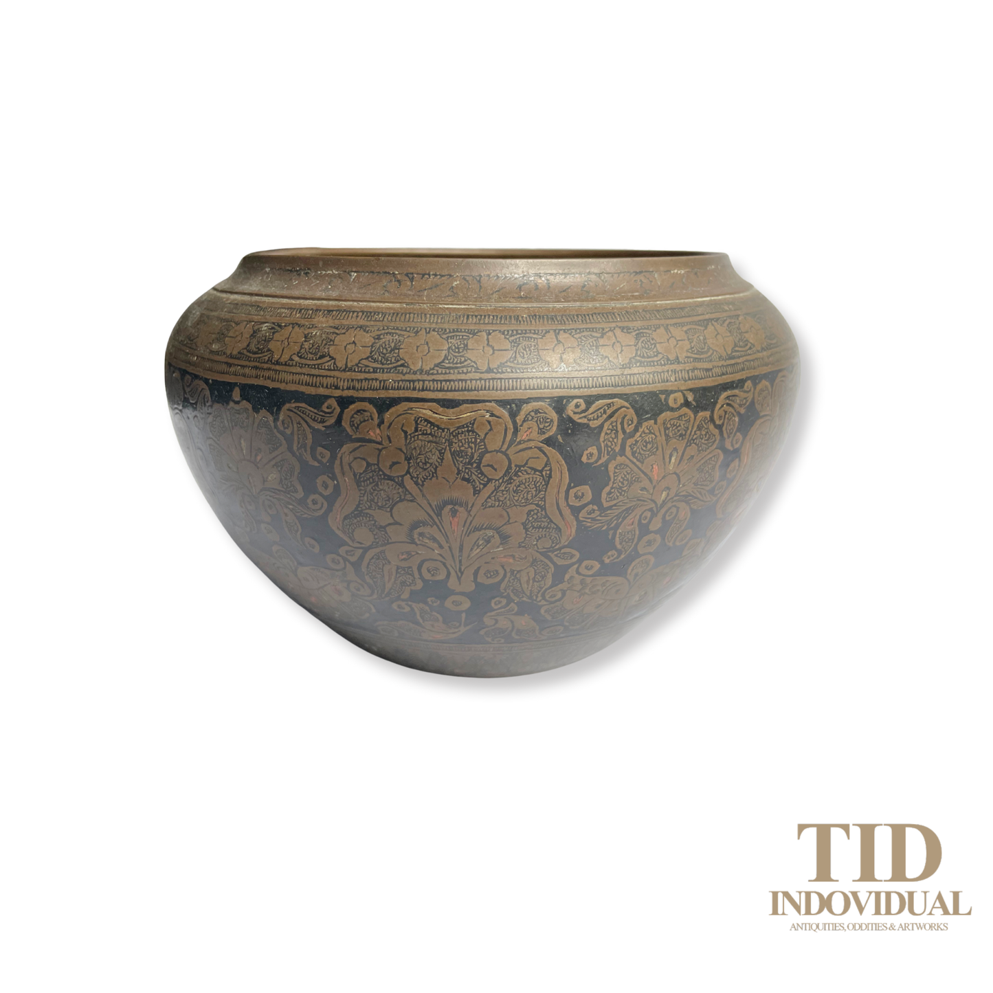 Rare Antique Niello Work Brass Planter with Red Enamel Highlights