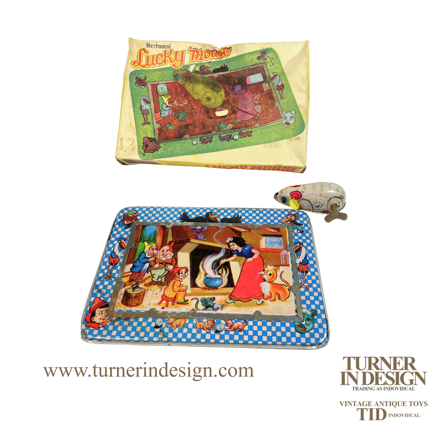 VINTAGE MECHANICAL WIND-UP TIN LITHO TOY "LUCKY MOUSE" FEATURING CLASSIC CLOCKWORK DESIGN