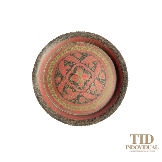 VINTAGE ANTIQUE decorative brass plate with red and gold enamel floral and vegetal motifs. MADE IN INDIA