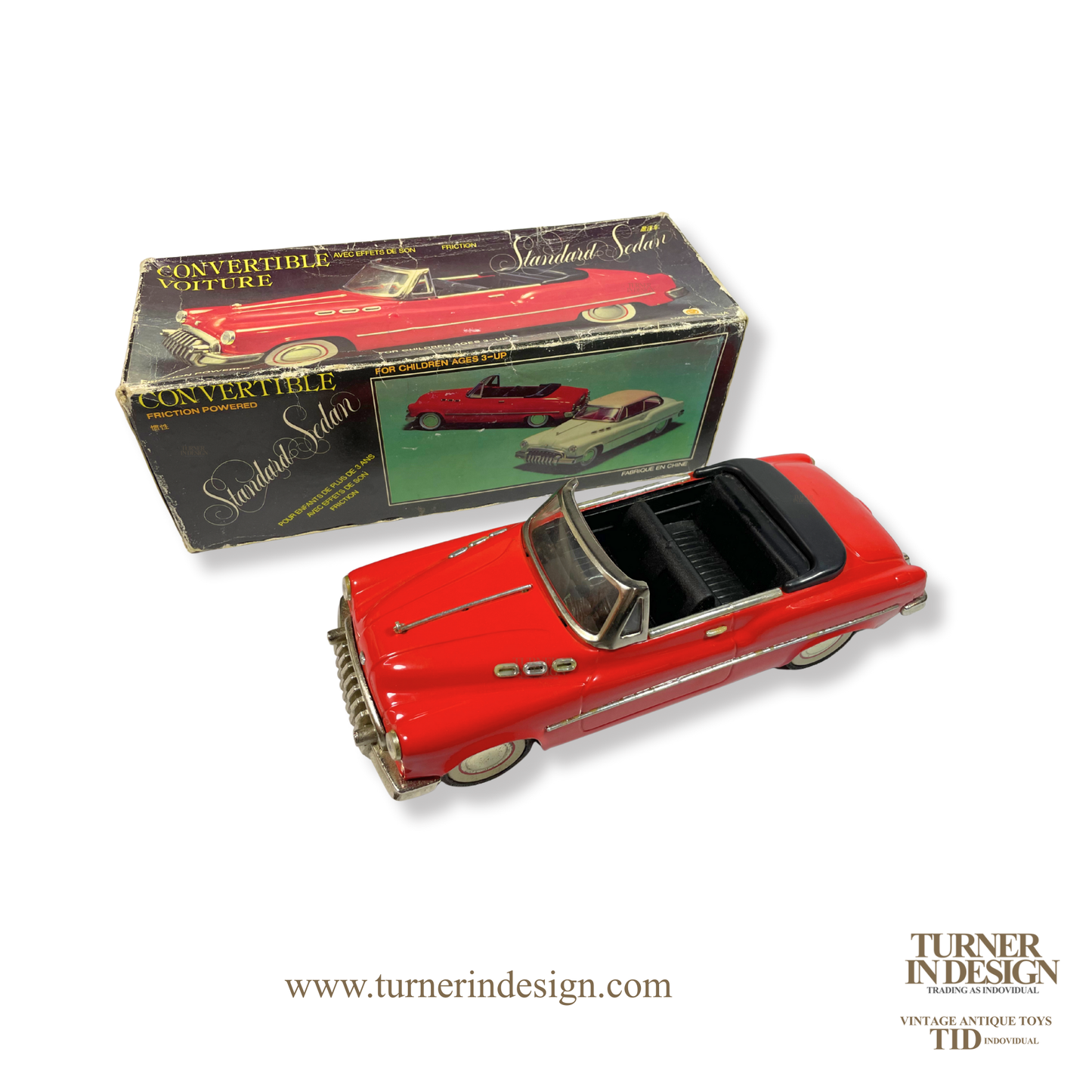 VINTAGE CLASSIC LIMITED REPRODUCTION MF-321 TIN FRICTION TOY CAR, MODEL OF 1950 STUDEBAKER BUICK OPEN STANDARD SEDAN