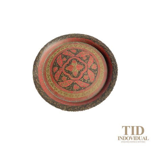 VINTAGE ANTIQUE decorative brass plate with red and gold enamel floral and vegetal motifs. MADE IN INDIA