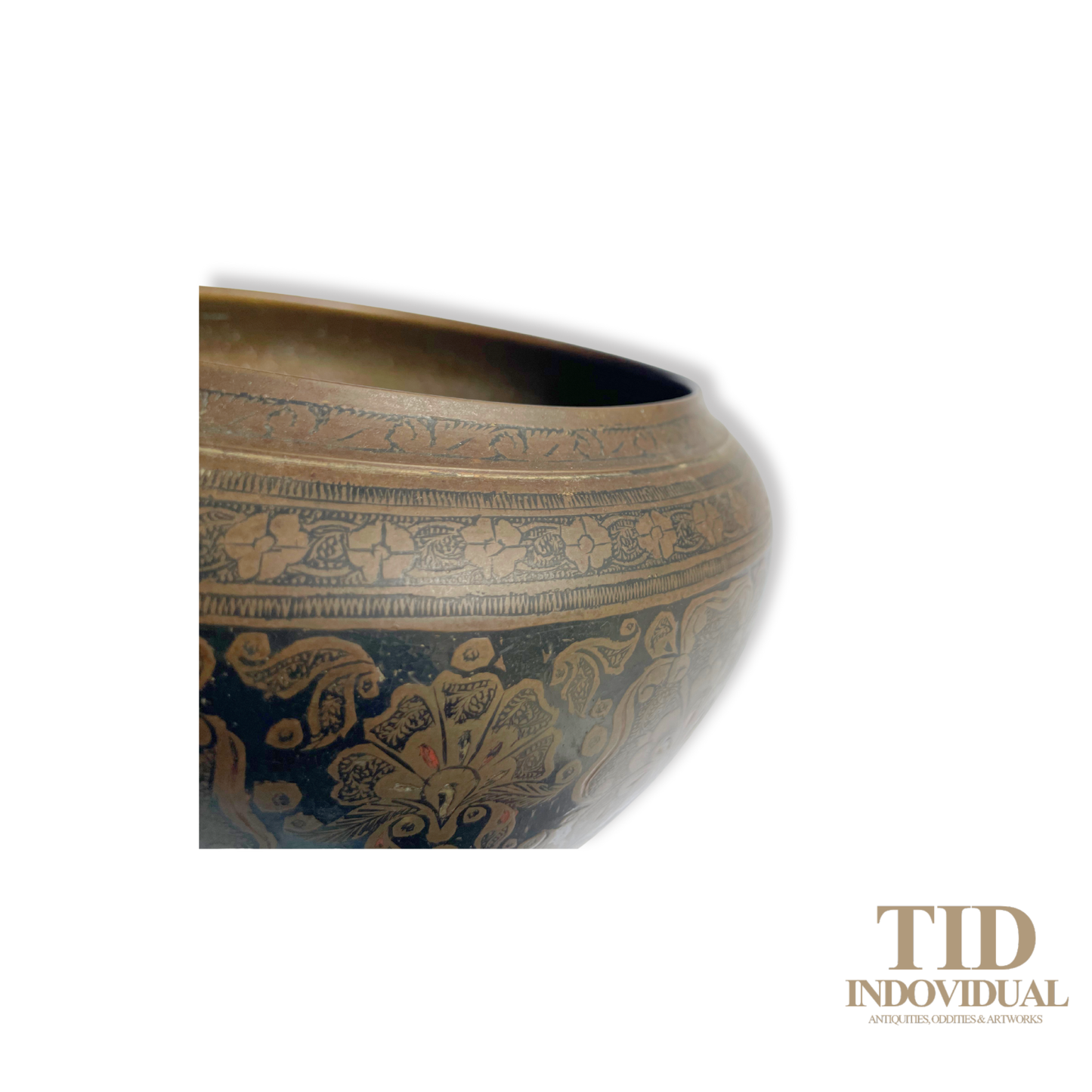 Rare Antique Niello Work Brass Planter with Red Enamel Highlights