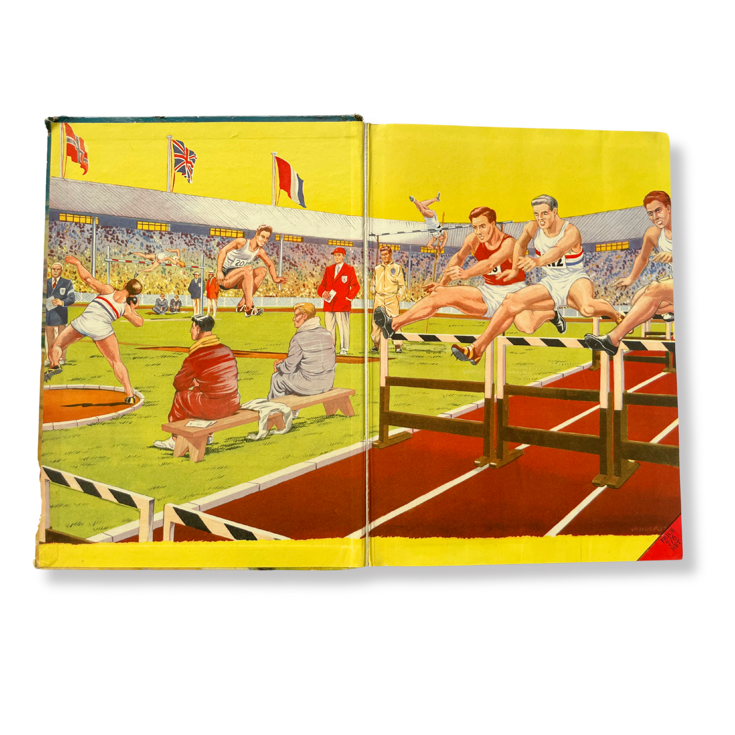 Illustrated book cover with a track and field scene featuring athletes and spectators.