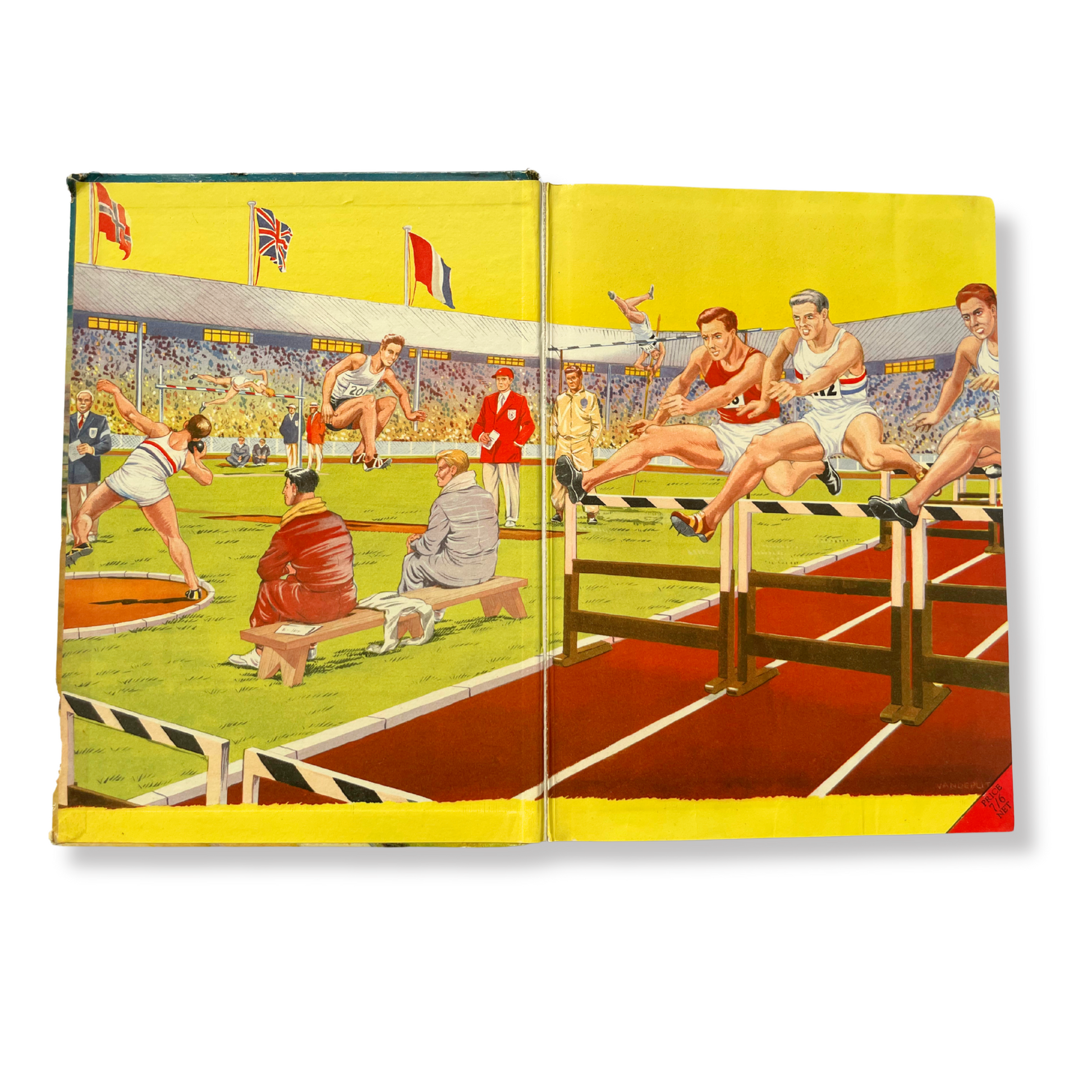 Illustrated book cover with a track and field scene featuring athletes and spectators.