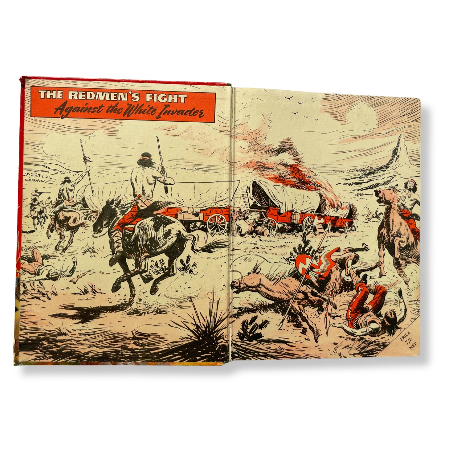 Illustrated book open to a scene with Native American and white settlers in a frontier setting.