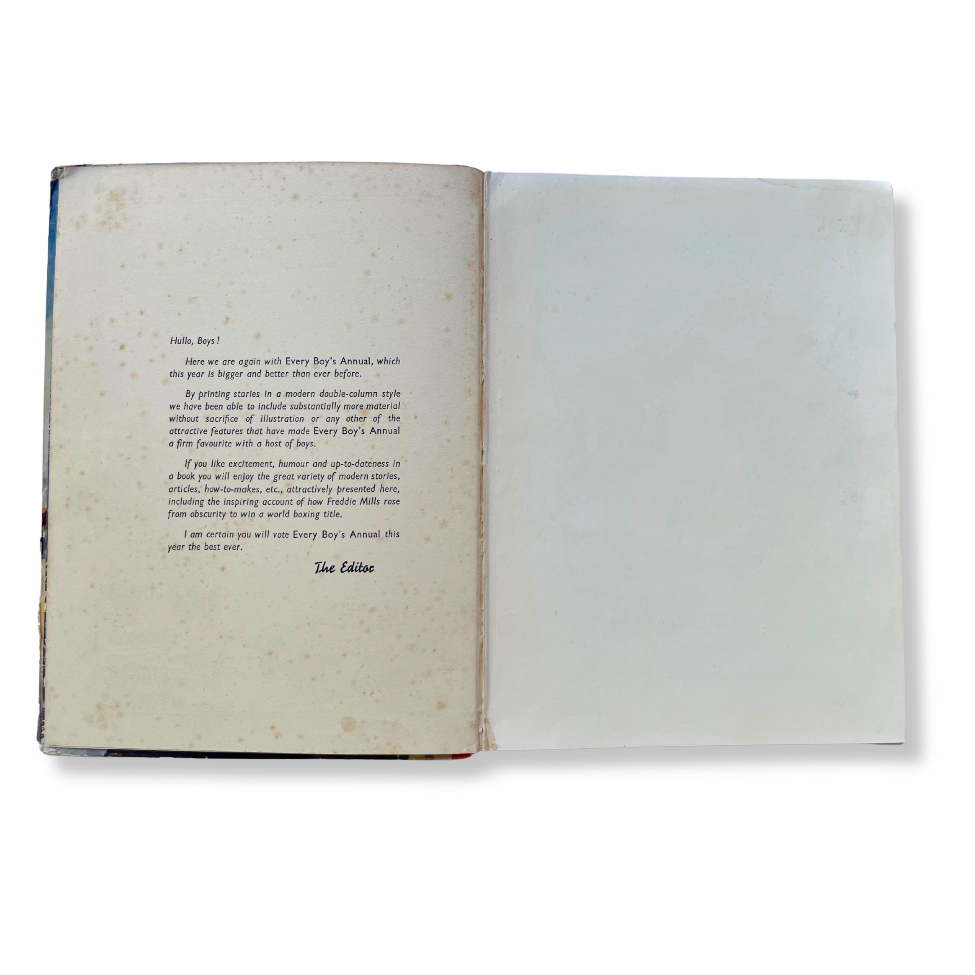 Inside pages of Every Boy’s Annual listing adventure stories, hobbies, and technical articles for boys, mid-century British publication.