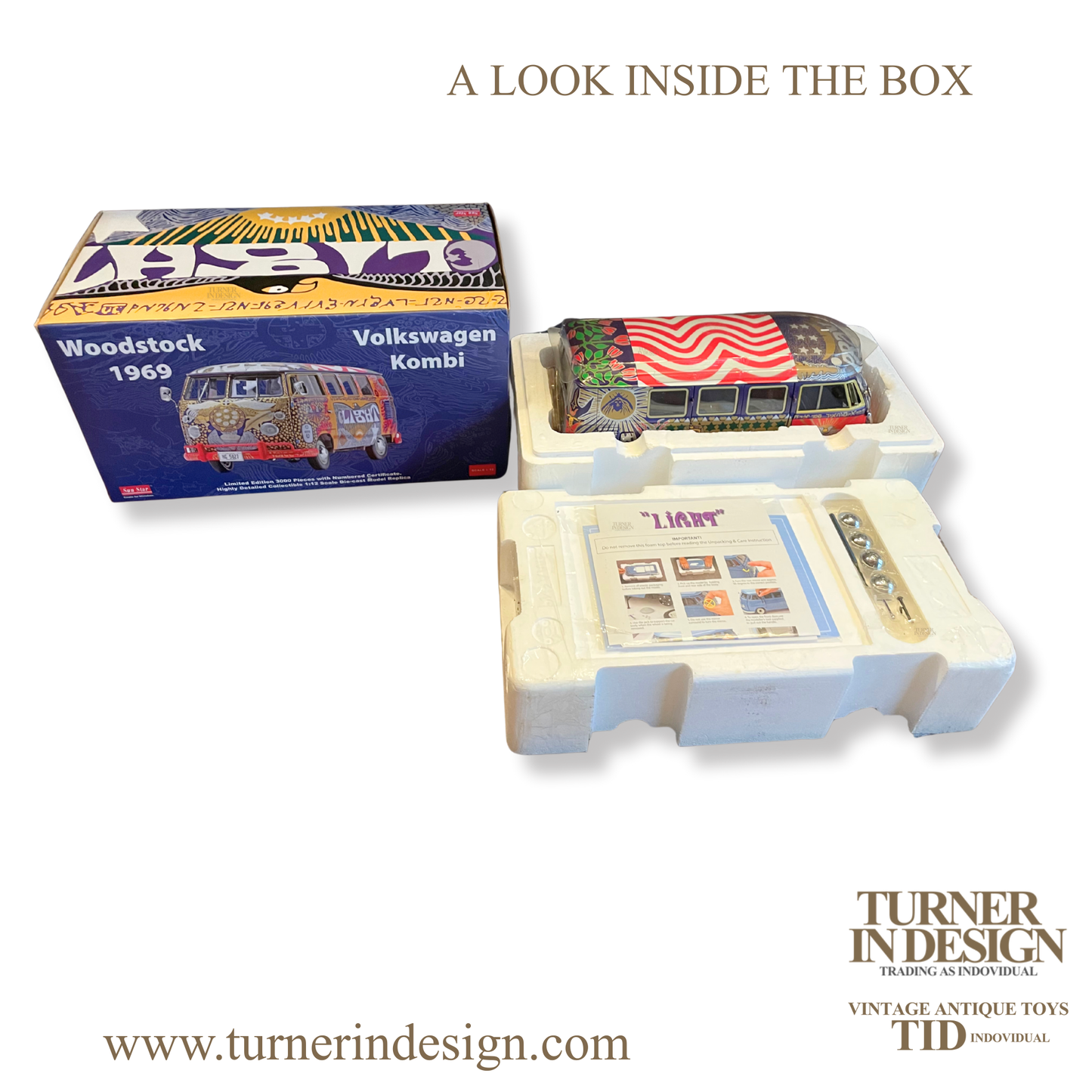 VINTAGE LIMITED EDITION (ONLY 3000 PIECES WORLDWIDE) | 1969 VW KOMBI WOODSTOCK LIGHT BUS DIE-CAST | SCALE 1:12 | OFFICIALLY LICENSED BY VOLKSWAGEN