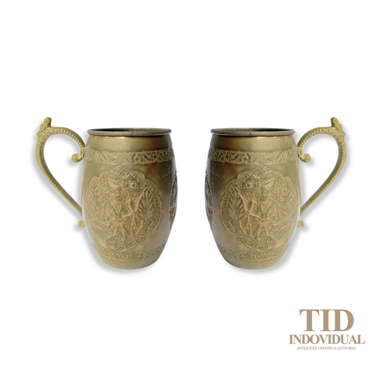 Vintage Antique pair of Nader Factory Tehran engraved copper and brass mugs or tankards with ornate handles