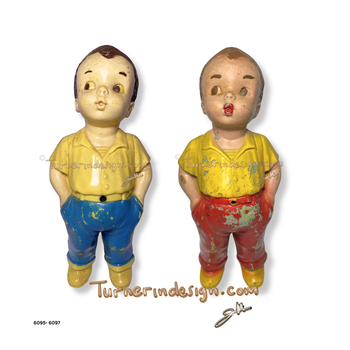 Vintage 1950s Irwin Plastics "Georgie The Whistling Boy" Toy Figures – Pair Set (Blue & Red Pants)