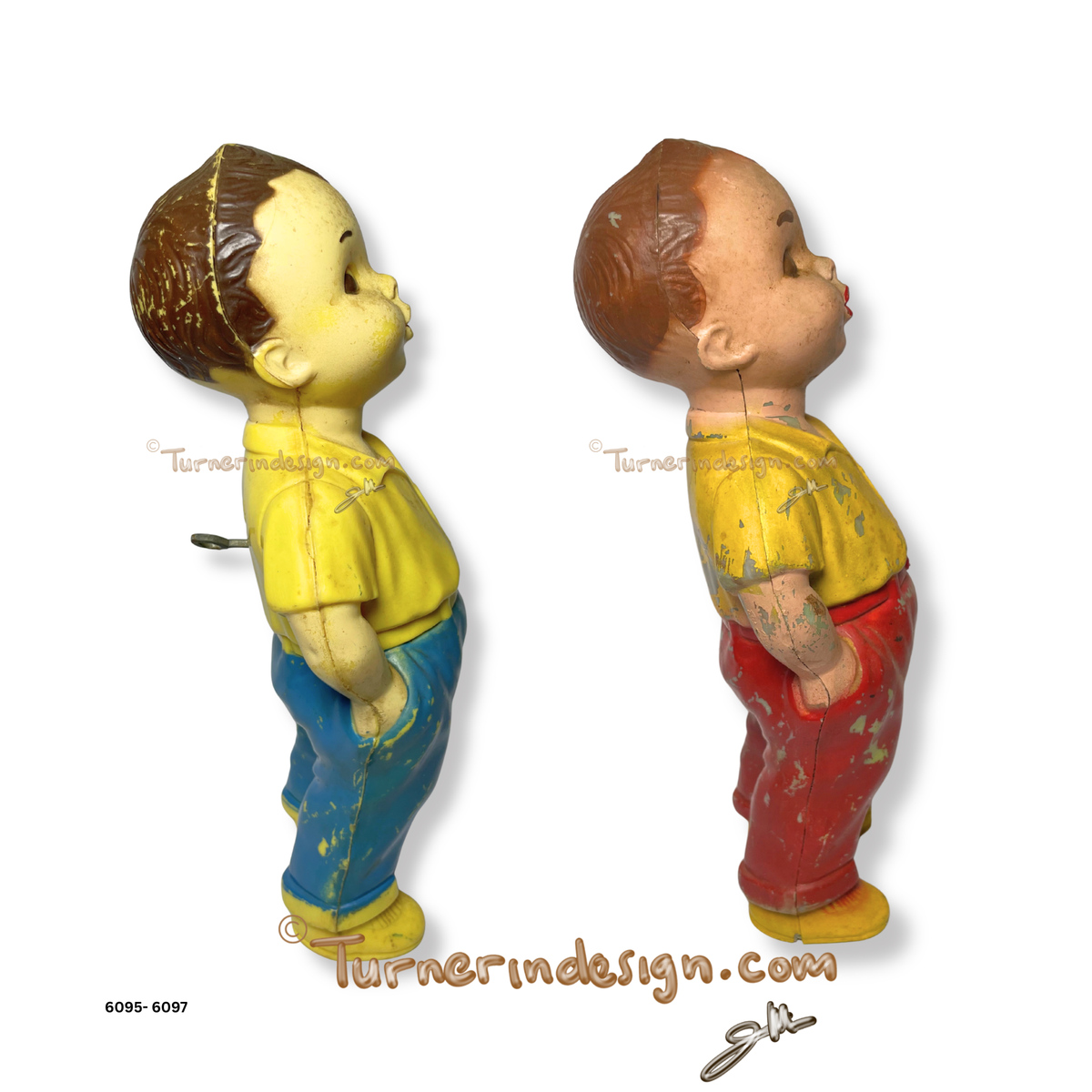 Vintage 1950s Irwin Plastics "Georgie The Whistling Boy" Toy Figures – Pair Set (Blue & Red Pants)